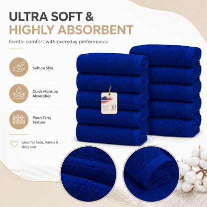 100% Cotton Washcloth Navy Blue Pack of 10