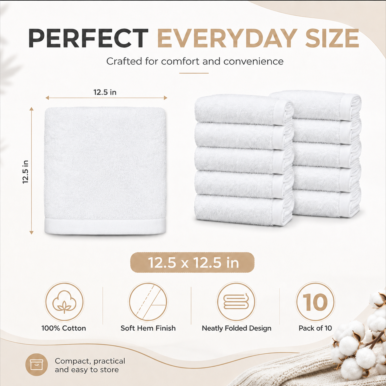 Ameri-Homes Washcloths Pack of 10, 100% Ring Spun Cotton White