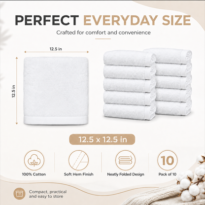 Ameri-Homes Washcloths Pack of 10, 100% Ring Spun Cotton White