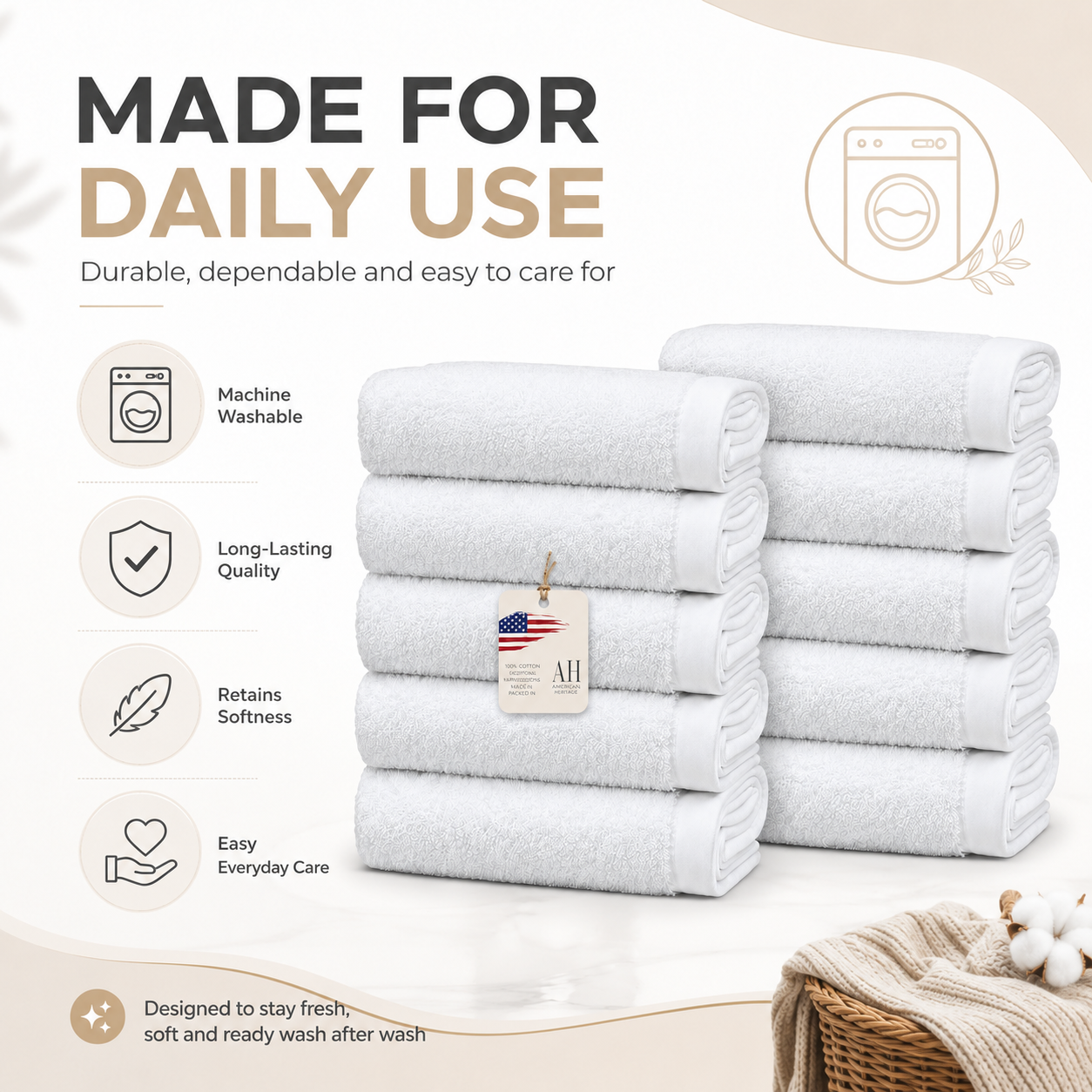 Ameri-Homes Washcloths Pack of 10, 100% Ring Spun Cotton White