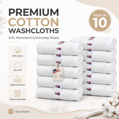 Ameri-Homes Washcloths Pack of 10, 100% Ring Spun Cotton White