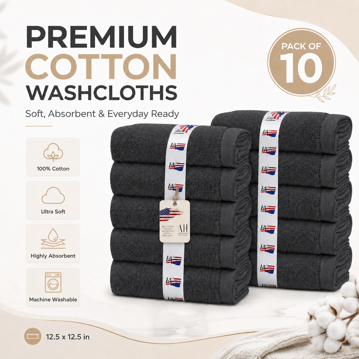 Ameri-Homes Washcloths Pack of 10, 100% Ring Spun Cotton Drak Gray