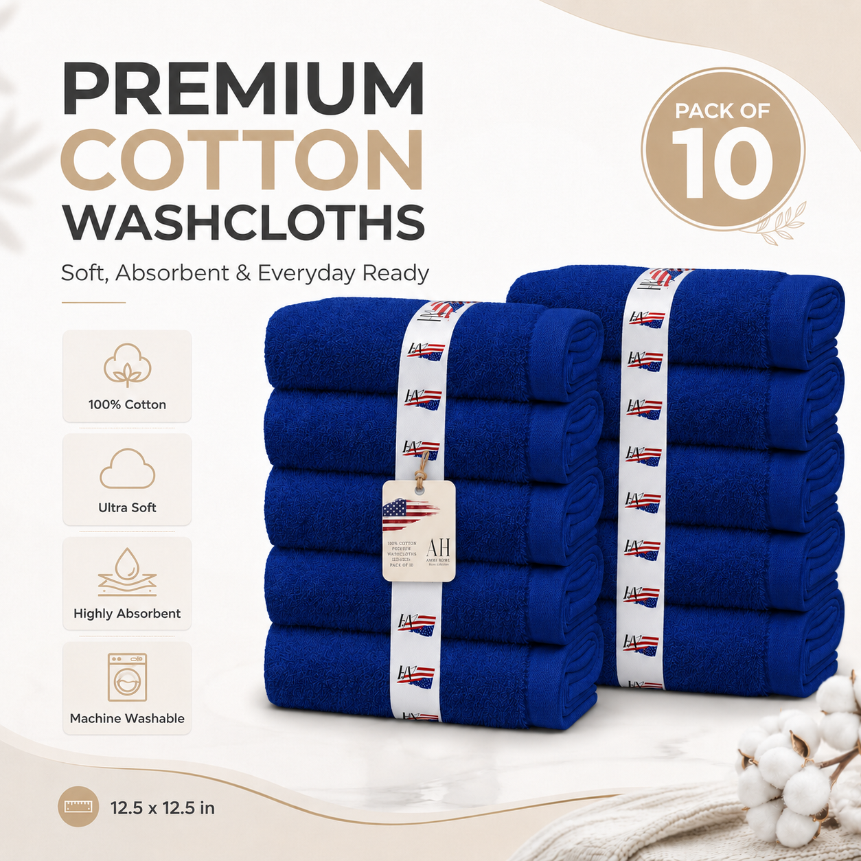 100% Cotton Washcloth Navy Blue Pack of 10