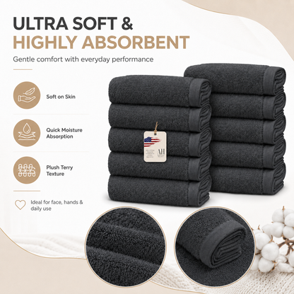 Ameri-Homes Washcloths Pack of 10, 100% Ring Spun Cotton Drak Gray