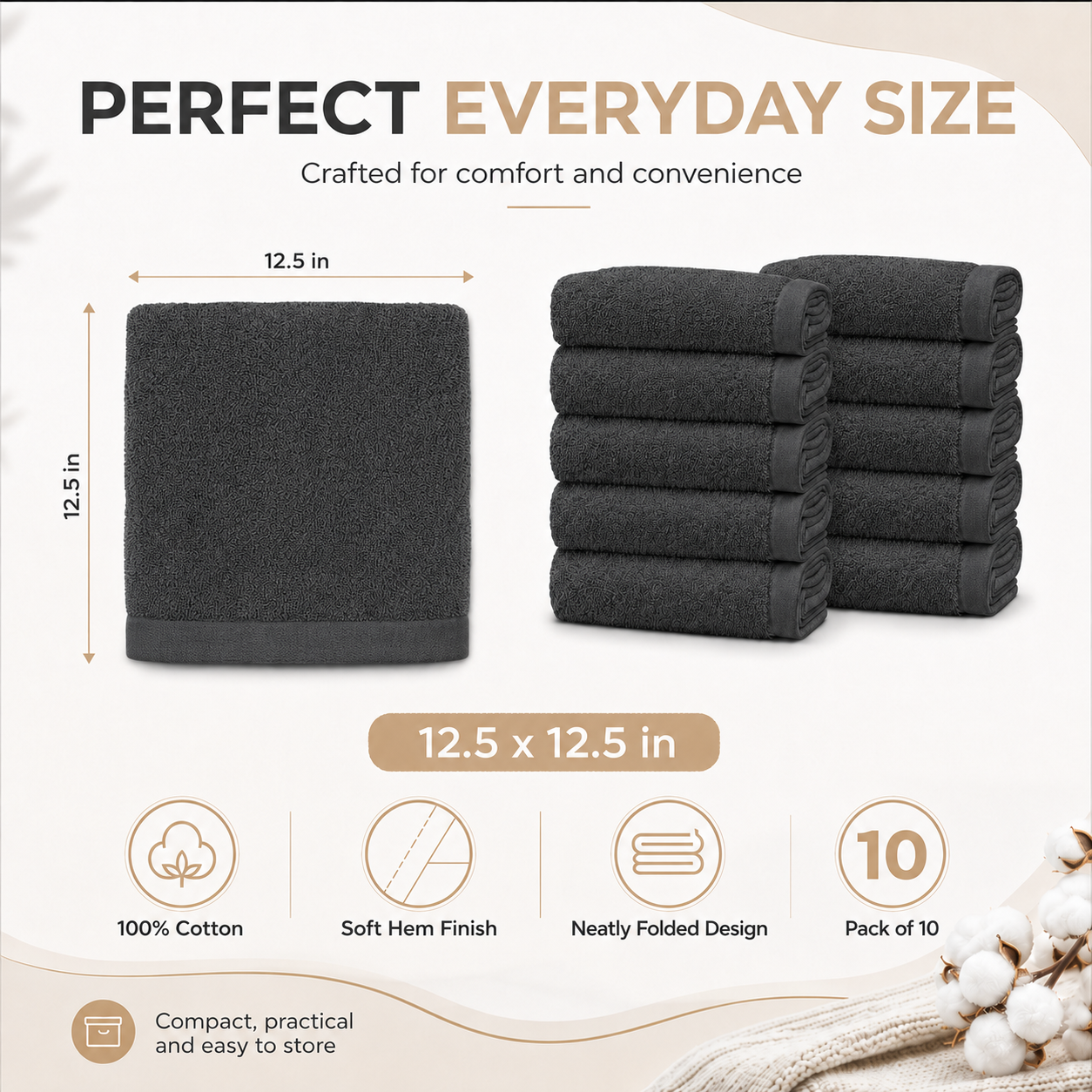 Ameri-Homes Washcloths Pack of 10, 100% Ring Spun Cotton Drak Gray