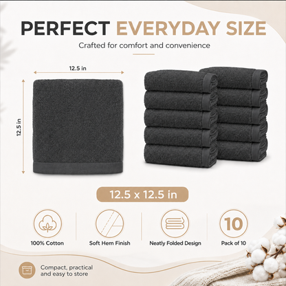 Ameri-Homes Washcloths Pack of 10, 100% Ring Spun Cotton Drak Gray