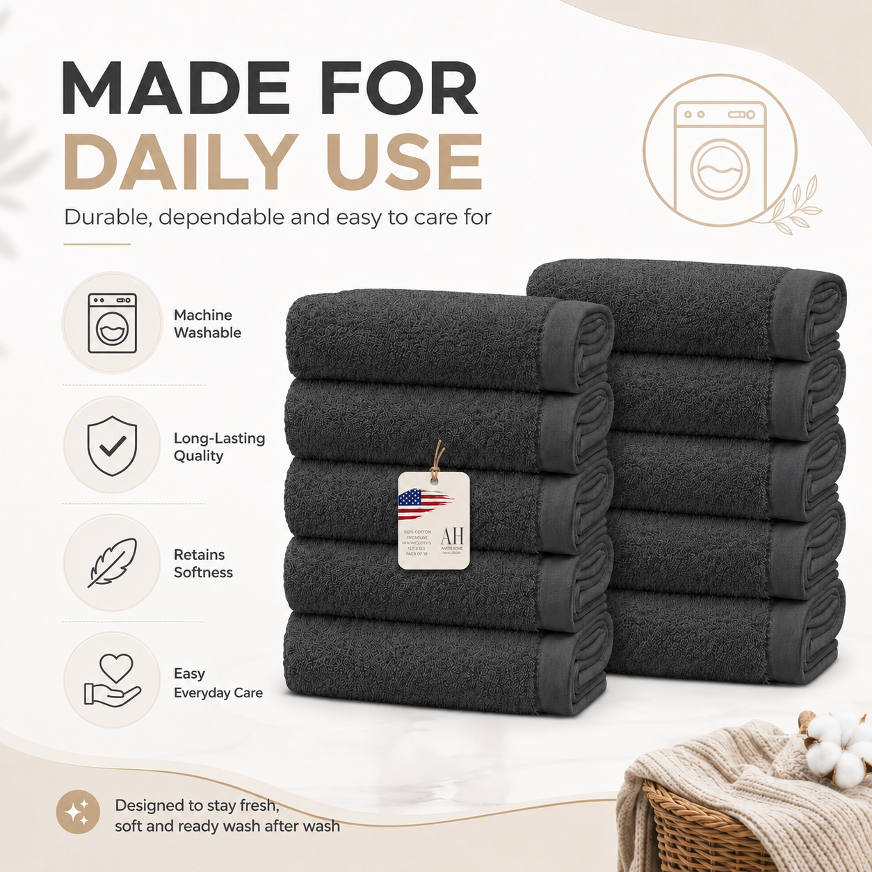 Ameri-Homes Washcloths Pack of 10, 100% Ring Spun Cotton Drak Gray