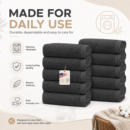 Ameri-Homes Washcloths Pack of 10, 100% Ring Spun Cotton Drak Gray