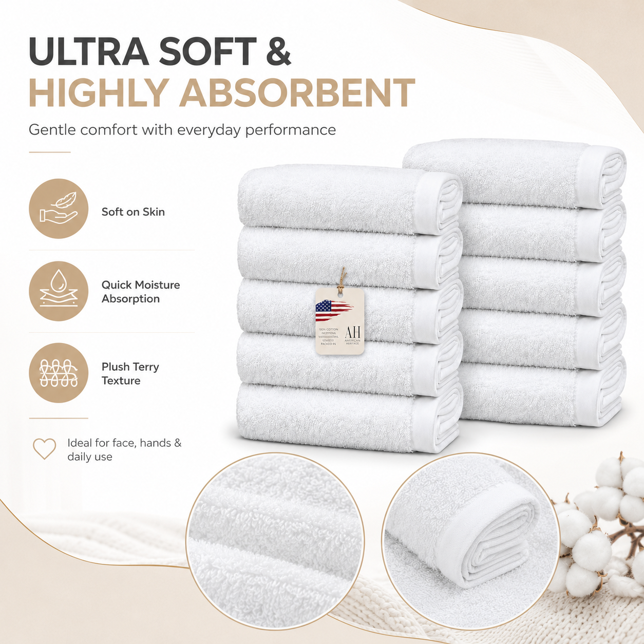 Ameri-Homes Washcloths Pack of 10, 100% Ring Spun Cotton White