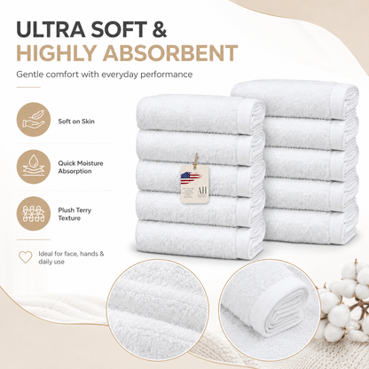 Ameri-Homes Washcloths Pack of 10, 100% Ring Spun Cotton White