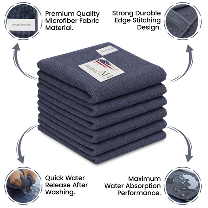 Ameri-Homes Microfiber Cleaning Cloths 12x12 Inch (Compact Size), Pack of 6 Gray