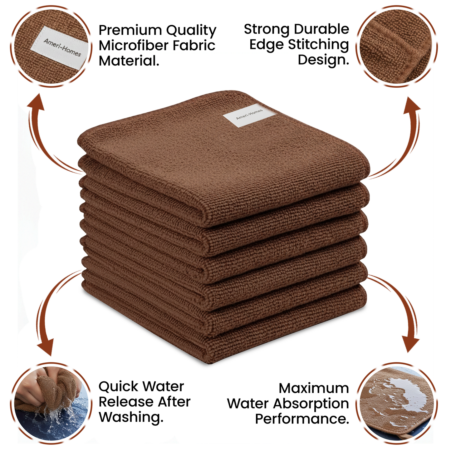 Ameri-Homes Microfiber Cleaning Cloths 12x12 Inch (Compact Size), Pack of 6