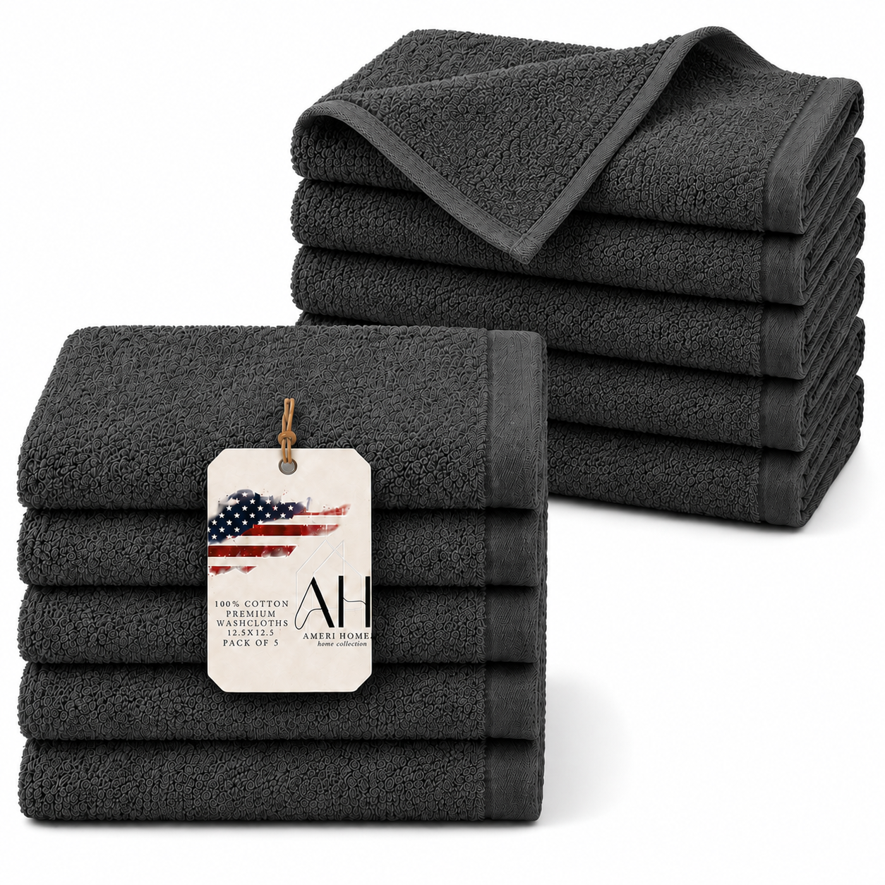 Ameri-Homes Washcloths Pack of 10, 100% Ring Spun Cotton Drak Gray